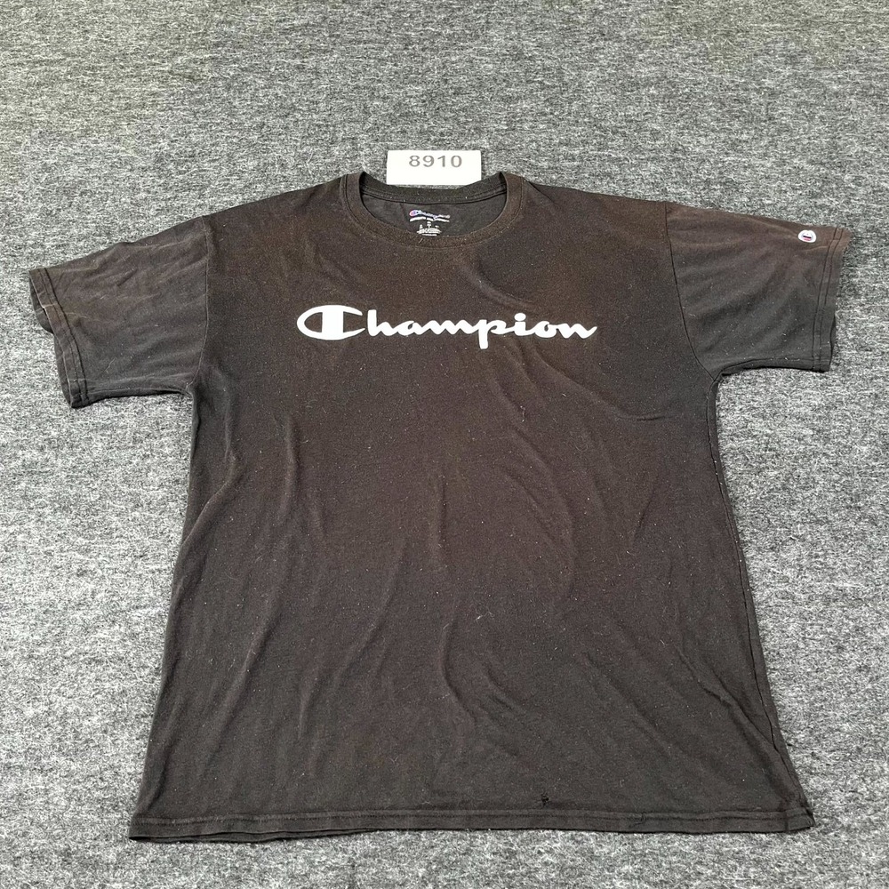 Champion T Shirt Mens Medium Black Graphic Logo Crew Neck‎ Short Sleeve Outdoor